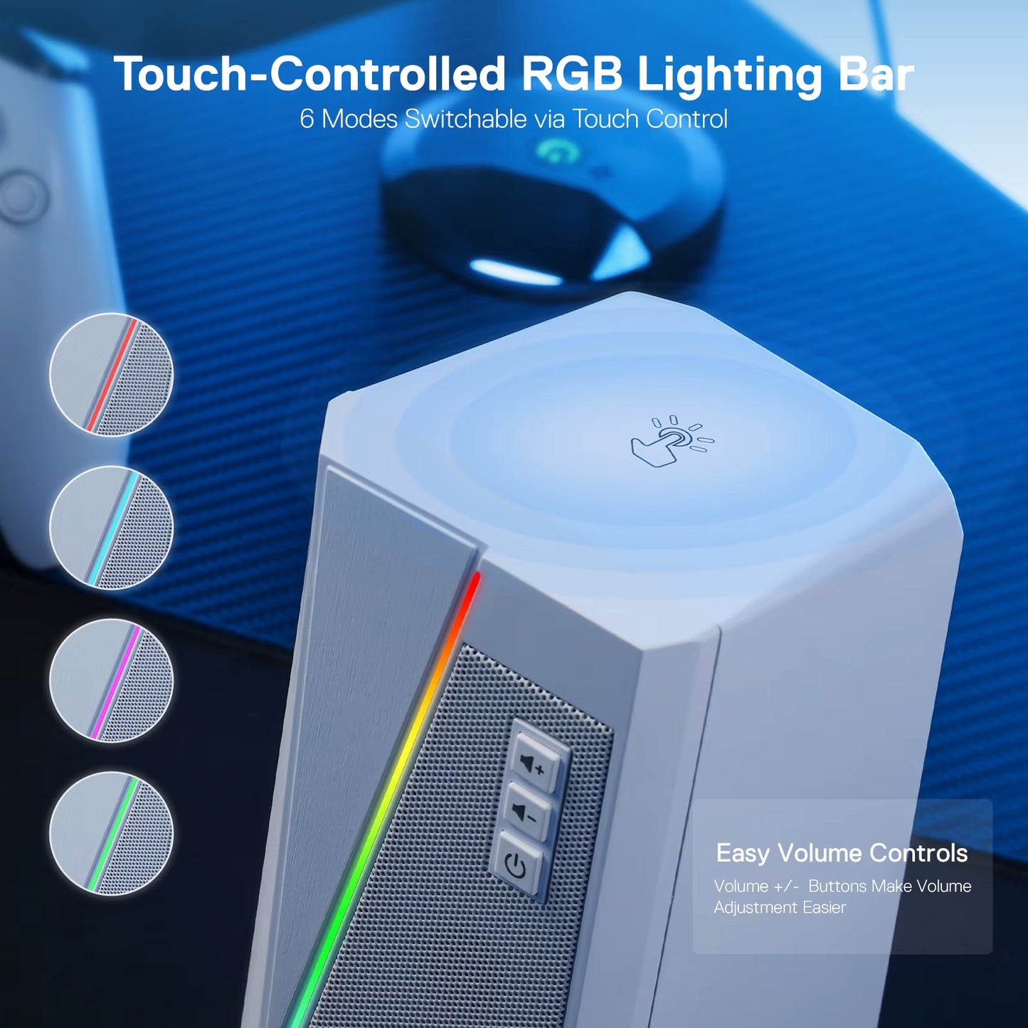 GS520 RGB Desktop Speakers, 2.0 Channel PC Stereo Speaker with 6 Colorful LED Modes, Enhanced Sound, White/Pink