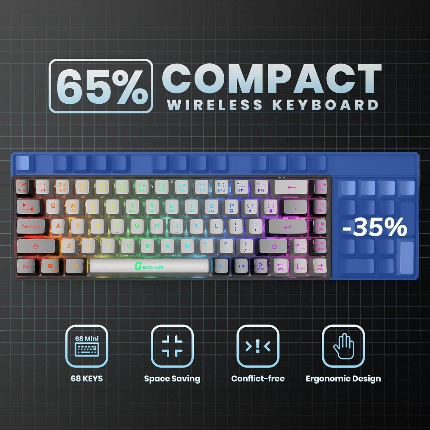 Wireless Gaming Keyboard Rechargeable Backlit Gaming Keyboard 68 Keys Membrane Keyboard for PC English/Spanish Layout