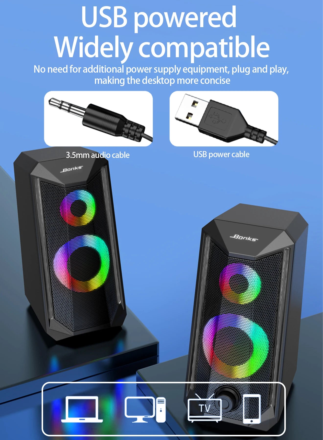 Desktop Speakers, 2.0 Channel PC Computer Hifi Stereo Gaming Speaker with Colorful LED Light Modes, Enhanced Bass