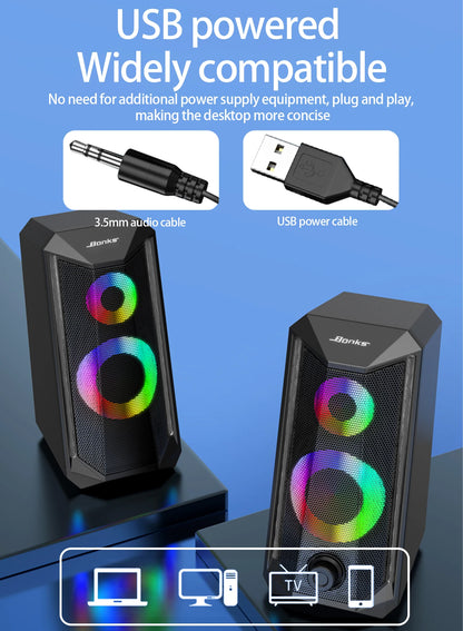Desktop Speakers, 2.0 Channel PC Computer Hifi Stereo Gaming Speaker with Colorful LED Light Modes, Enhanced Bass
