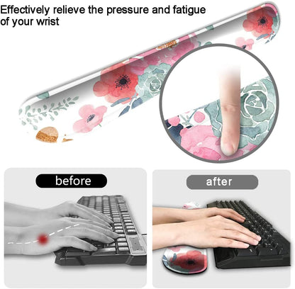 Keyboard Wrist Rest Pad and Mouse Wrist Rest Support, Comfort Wrist Rest Pad with Non-Slip Rubber Base & Memory Foam Support for Working Gaming Fatigue Pain Relief Pink Floral