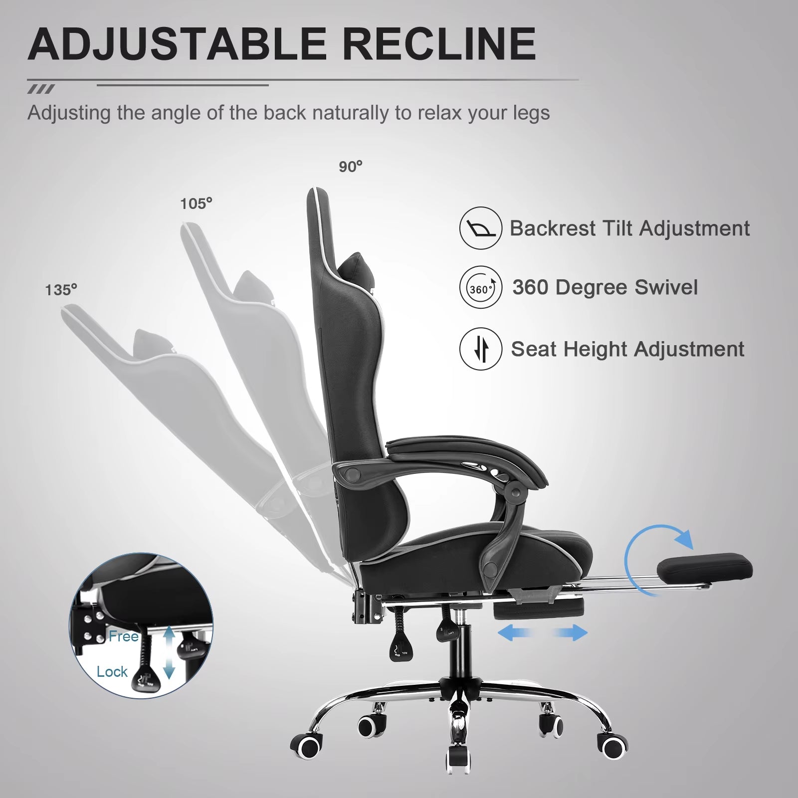Gaming Chair with Footrest, Lumbar Support, Adjustable Height, Swivel, Headrest for Office/Gaming