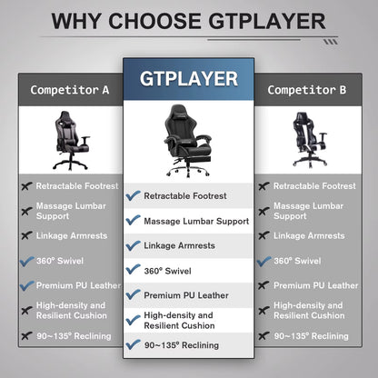 Gaming Chair with Footrest, Lumbar Support, Adjustable Height, Swivel, Headrest for Office/Gaming