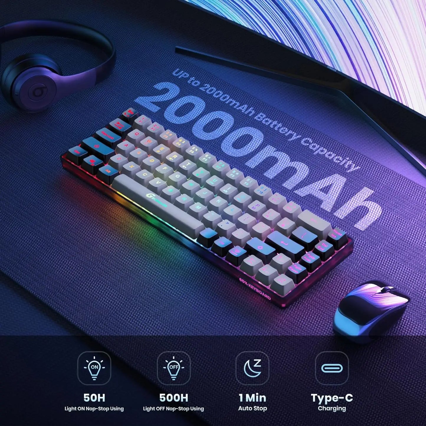 Wireless Gaming Keyboard Rechargeable Backlit Gaming Keyboard 68 Keys Membrane Keyboard for PC English/Spanish Layout