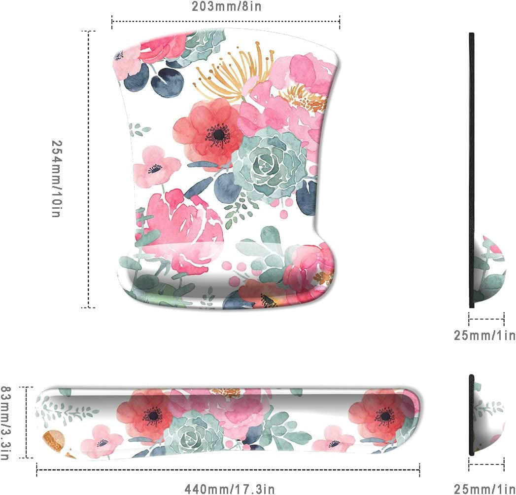 Keyboard Wrist Rest Pad and Mouse Wrist Rest Support, Comfort Wrist Rest Pad with Non-Slip Rubber Base & Memory Foam Support for Working Gaming Fatigue Pain Relief Pink Floral