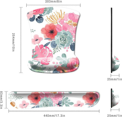 Keyboard Wrist Rest Pad and Mouse Wrist Rest Support, Comfort Wrist Rest Pad with Non-Slip Rubber Base & Memory Foam Support for Working Gaming Fatigue Pain Relief Pink Floral
