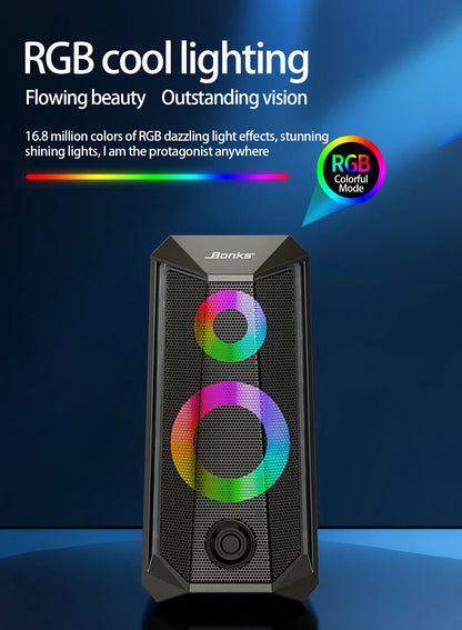 Desktop Speakers, 2.0 Channel PC Computer Hifi Stereo Gaming Speaker with Colorful LED Light Modes, Enhanced Bass