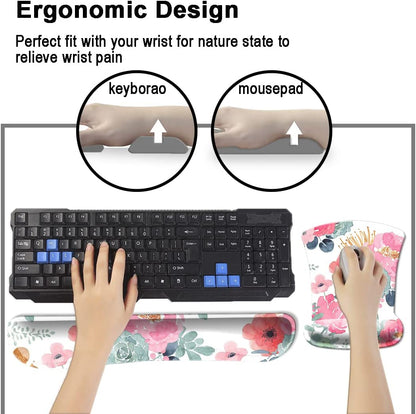 Keyboard Wrist Rest Pad and Mouse Wrist Rest Support, Comfort Wrist Rest Pad with Non-Slip Rubber Base & Memory Foam Support for Working Gaming Fatigue Pain Relief Pink Floral
