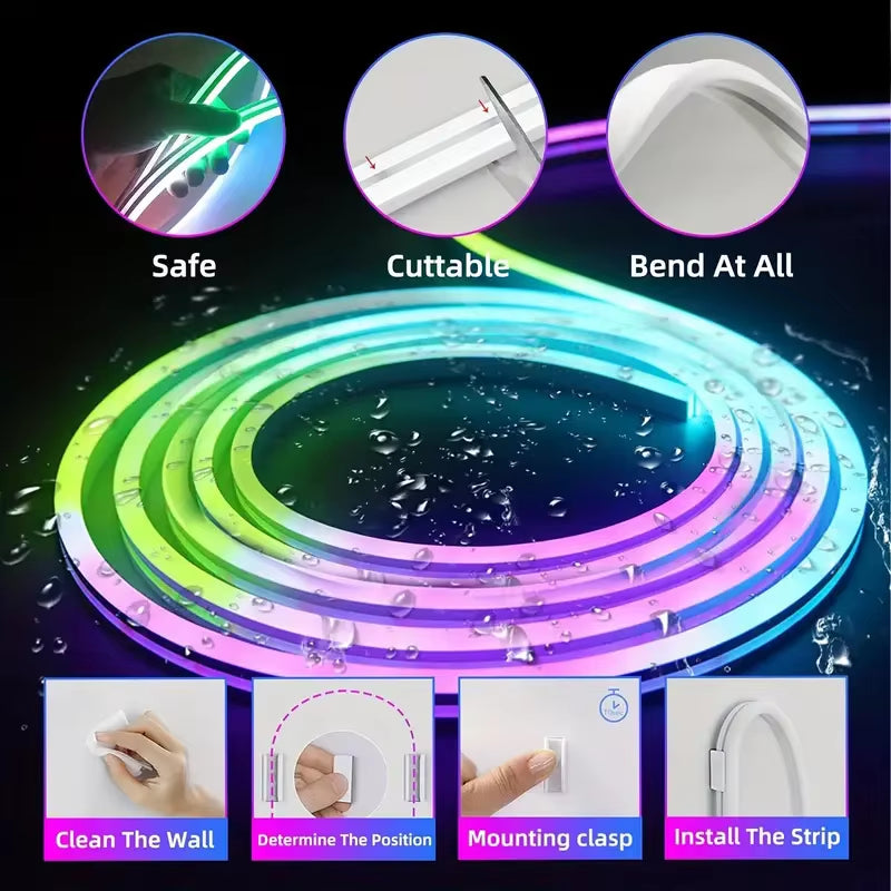 DC24V 30M Waterproof RGB LED Neon Rope Lights Color Change Music Sync with App/Remote Control Flexible Lamp for Indoor Outdoor