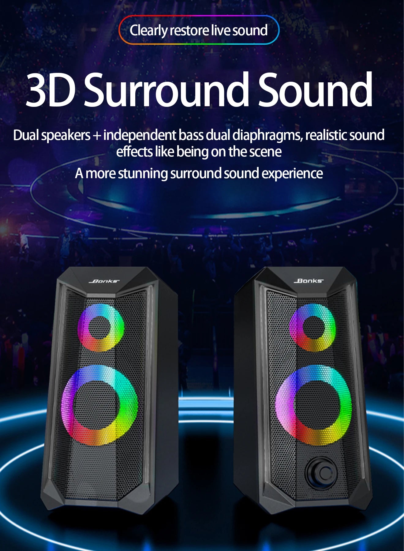 Desktop Speakers, 2.0 Channel PC Computer Hifi Stereo Gaming Speaker with Colorful LED Light Modes, Enhanced Bass