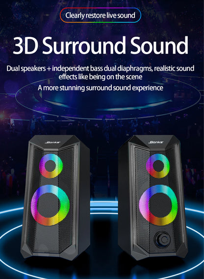 Desktop Speakers, 2.0 Channel PC Computer Hifi Stereo Gaming Speaker with Colorful LED Light Modes, Enhanced Bass
