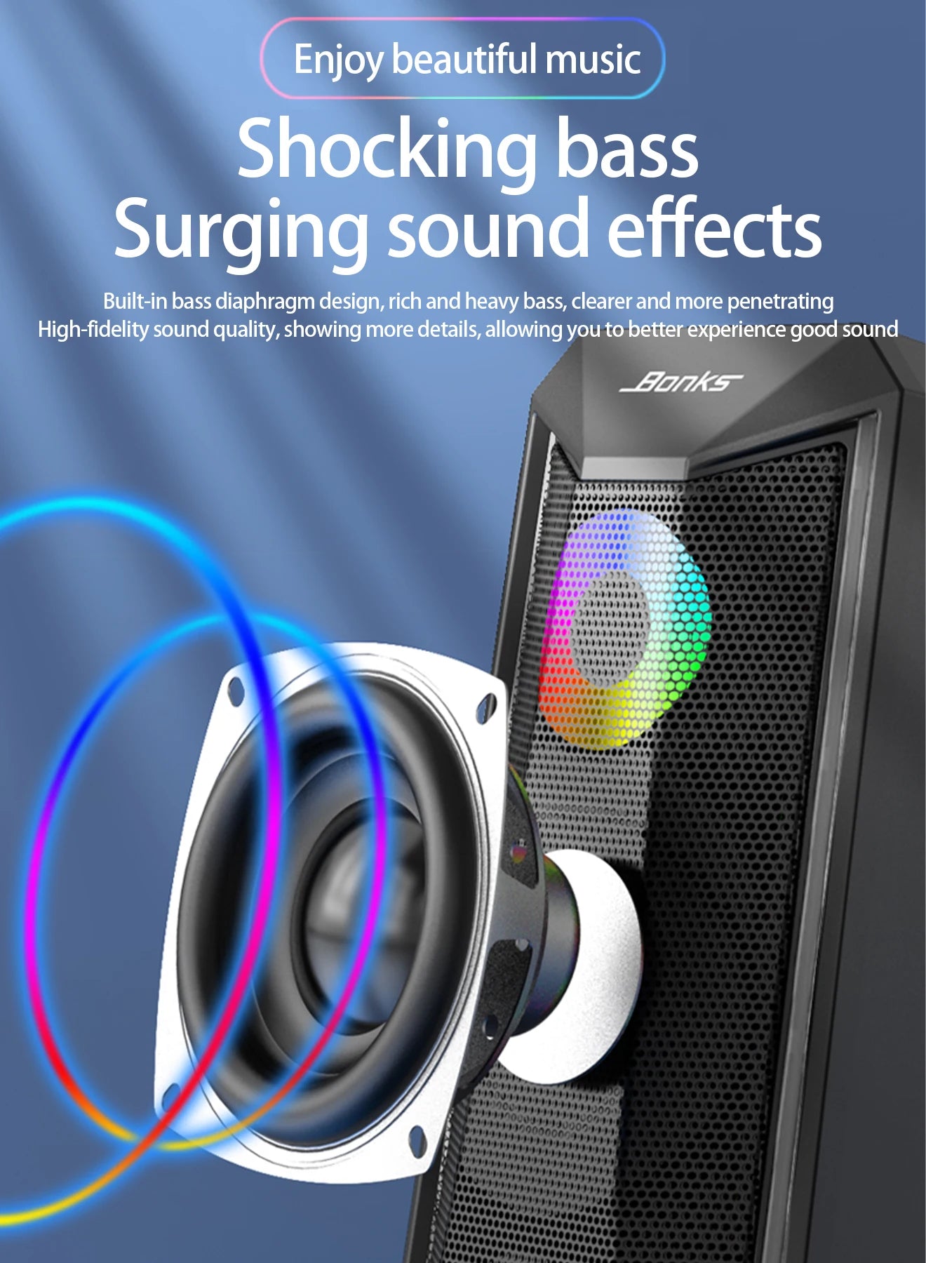 Desktop Speakers, 2.0 Channel PC Computer Hifi Stereo Gaming Speaker with Colorful LED Light Modes, Enhanced Bass