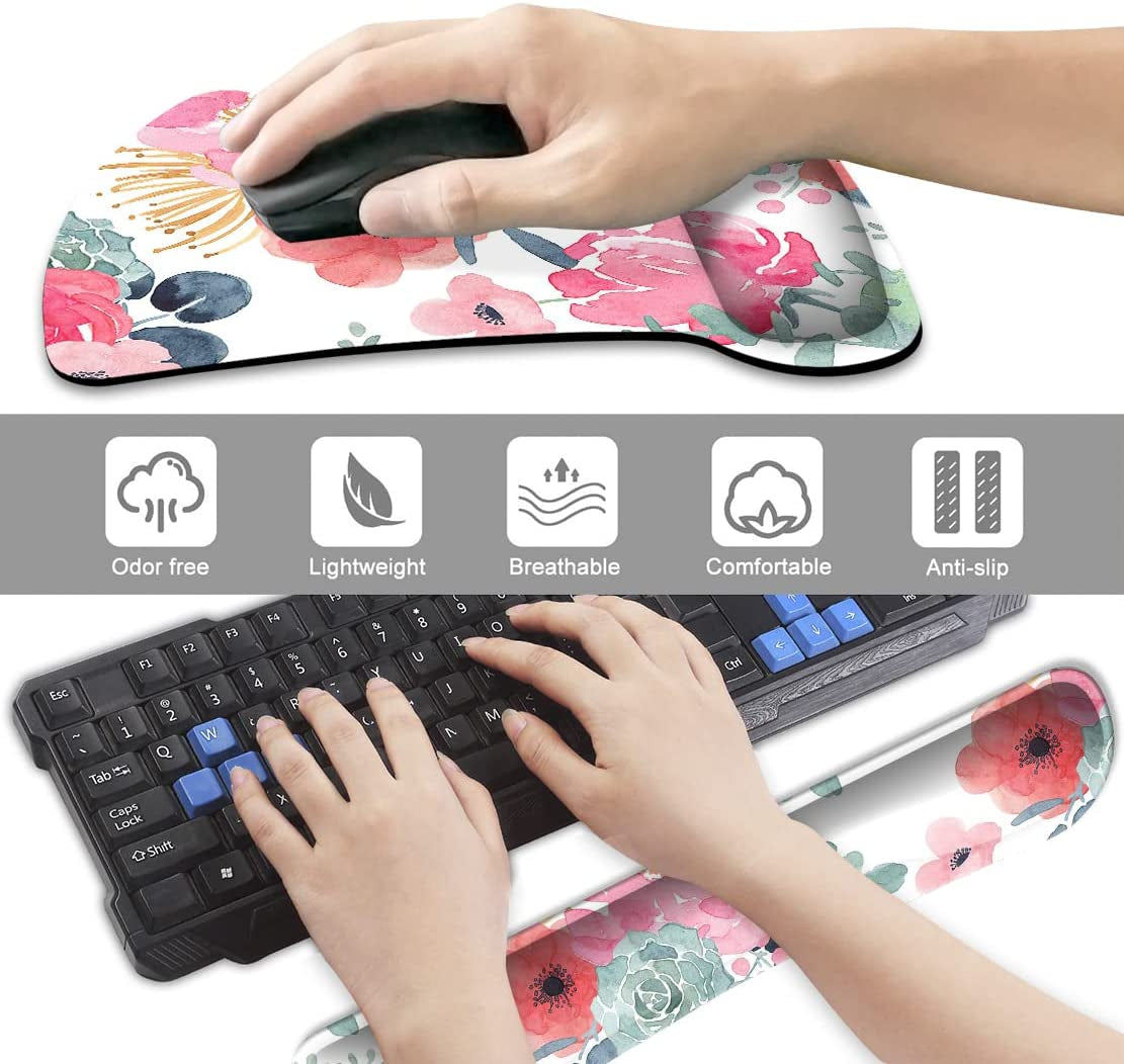 Keyboard Wrist Rest Pad and Mouse Wrist Rest Support, Comfort Wrist Rest Pad with Non-Slip Rubber Base & Memory Foam Support for Working Gaming Fatigue Pain Relief Pink Floral